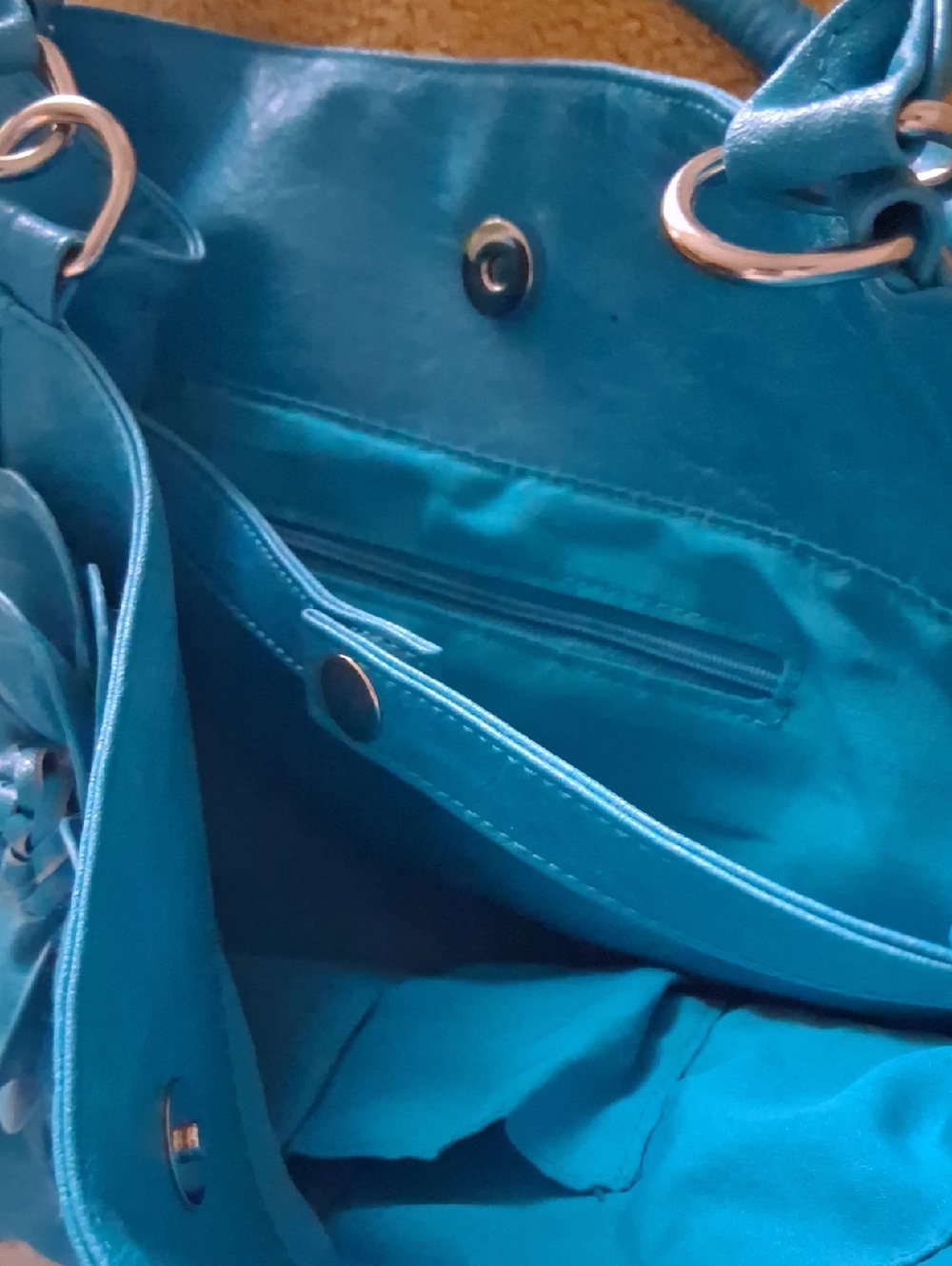 Teal Floral Leather Tote Bag - Women's Shoulder Handbag - Picture 3 of 10